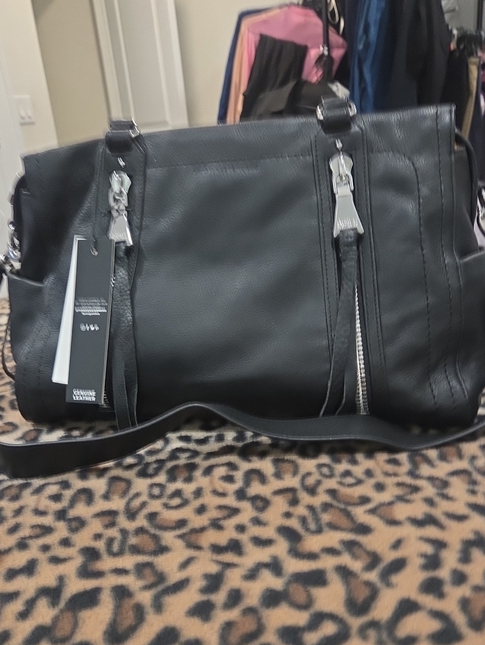 Aimee Kestenberg Black Zip Up Satchel Leather Duffel with Silver Hardware